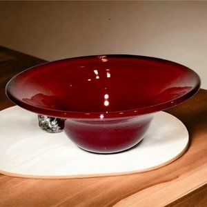 Blown Art Glass Bowl Dish Studio Signed Rust Burgundy Round Clear Handle